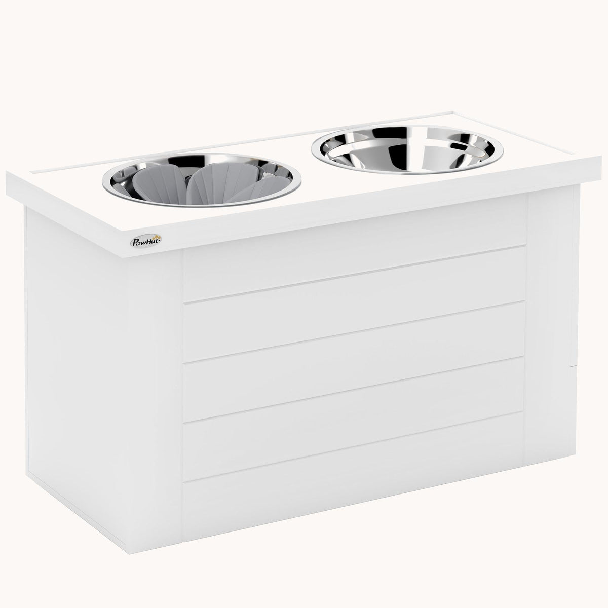 Dog Feeding Station with Slow Feeder Mat, 3 Stainless Steel Bowls for Large Dogs, White