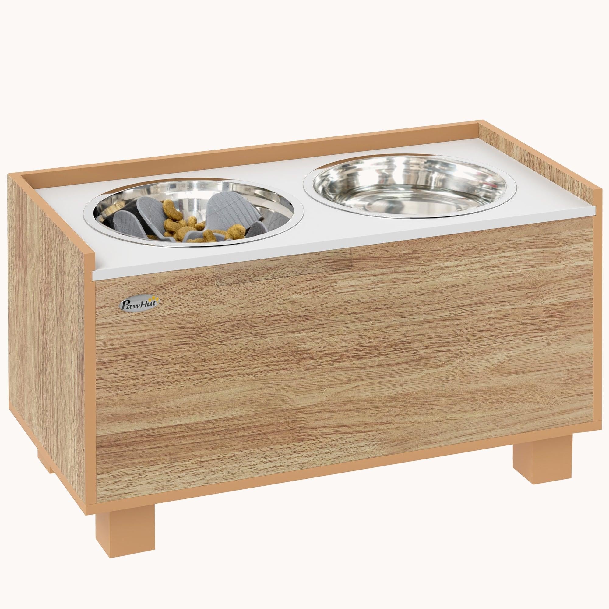 Dog Bowl Stand with Elevated Slow Feeder, Storage for Large Dogs, Oak