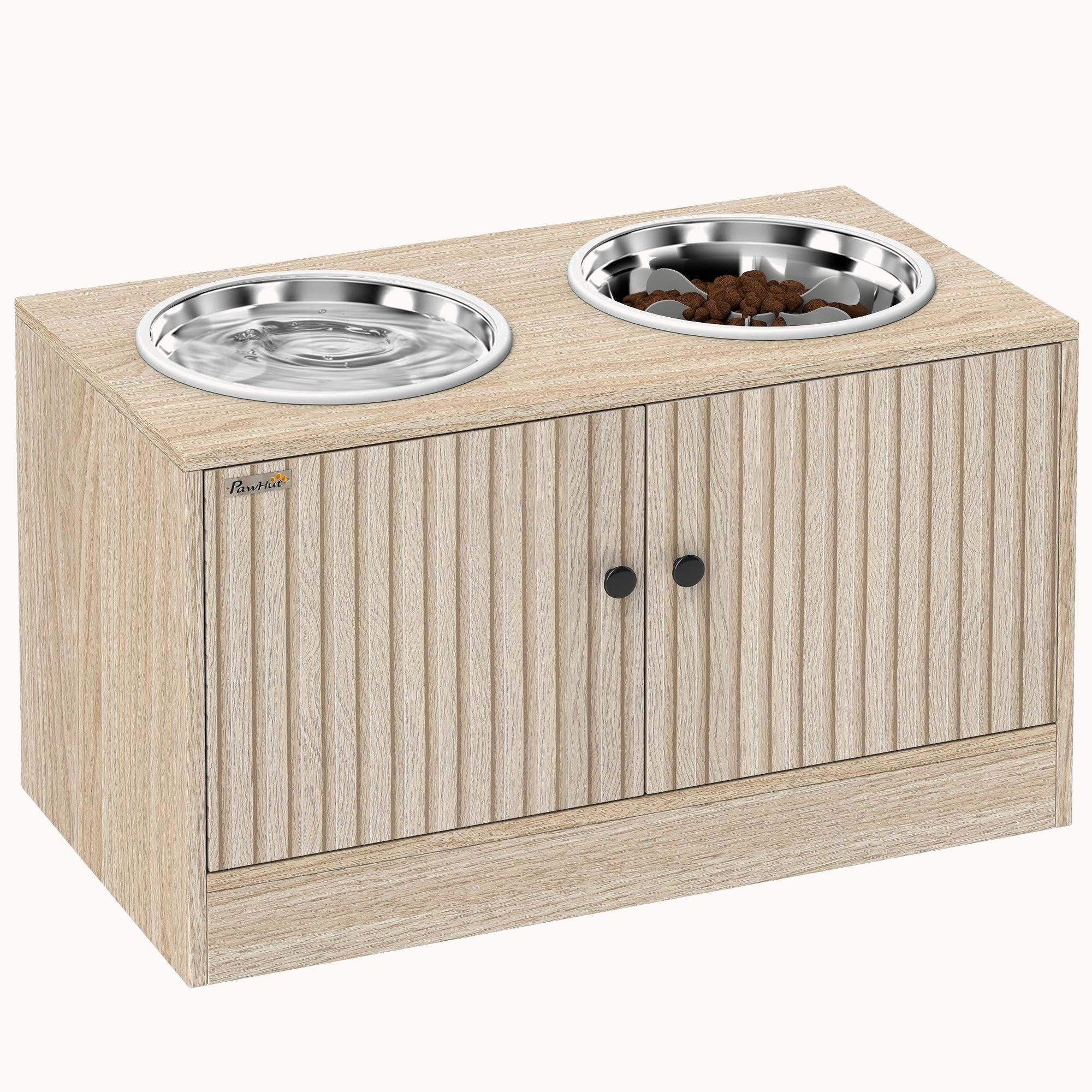 Elevated Dog Bowl Stand with Storage Cabinet 2 Stainless Steel Bowls & Slow Feeder for Large Dogs Oak