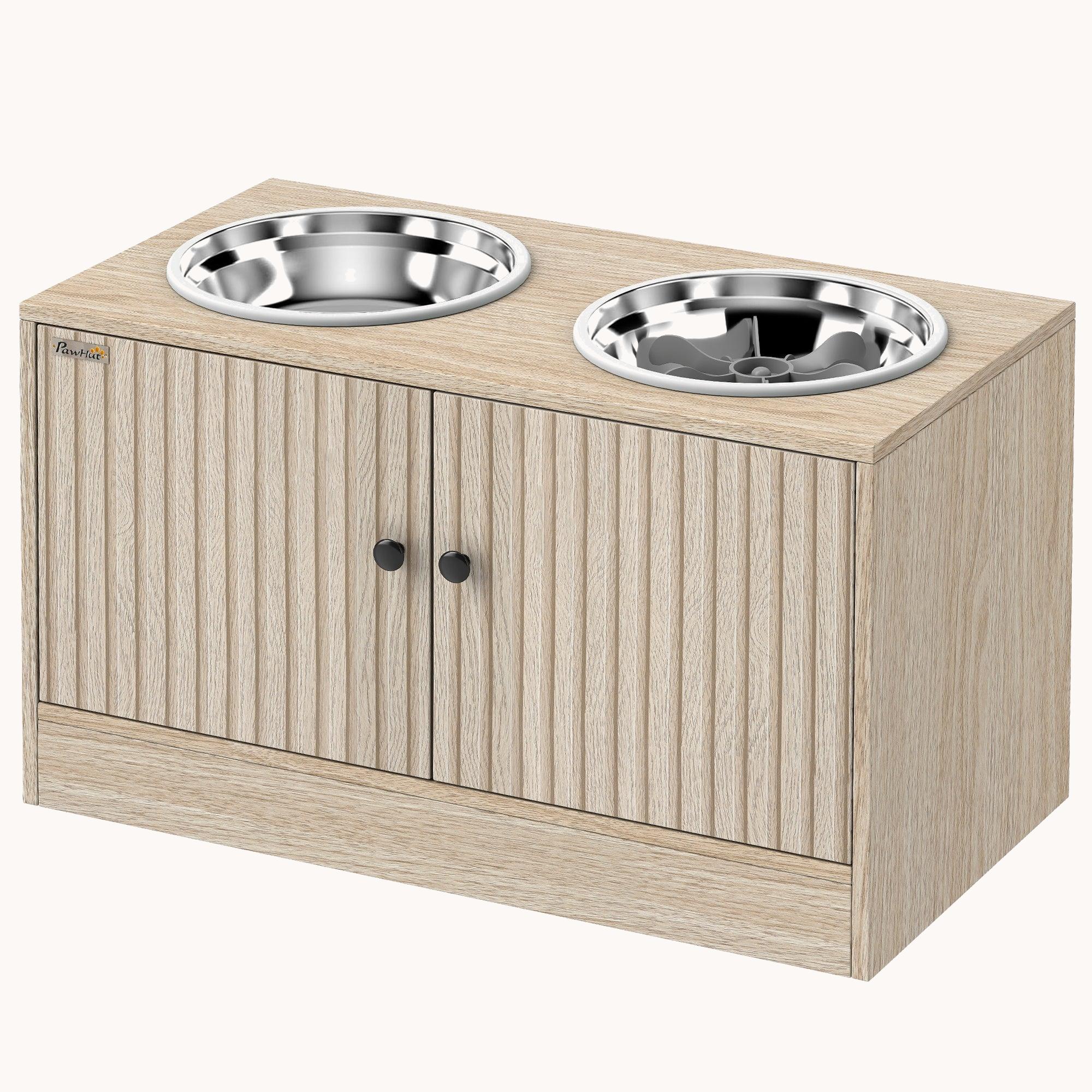 Elevated Dog Bowl Stand with Storage Cabinet 2 Stainless Steel Bowls & Slow Feeder for Large Dogs Oak
