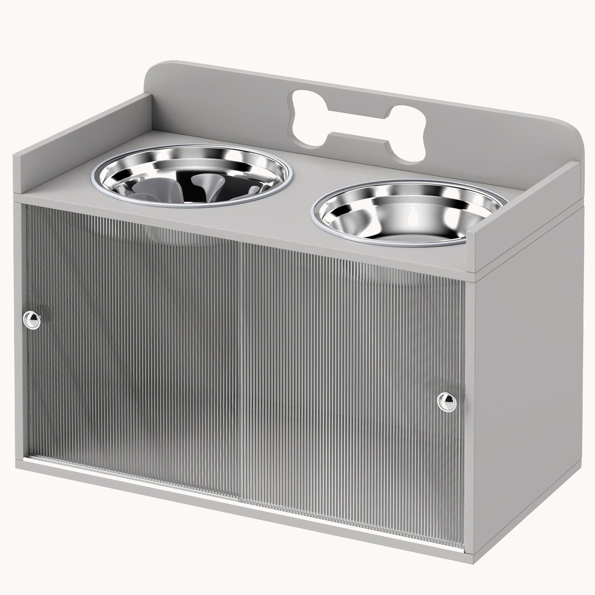Elevated Dog Bowl Stand with Storage 2 Stainless Steel Bowls for Large Dogs Gray