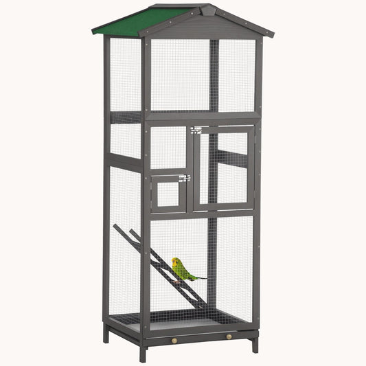 65" Bird Aviary for Parrot Parakeet with Pull Out Tray and 2 Doors Grey