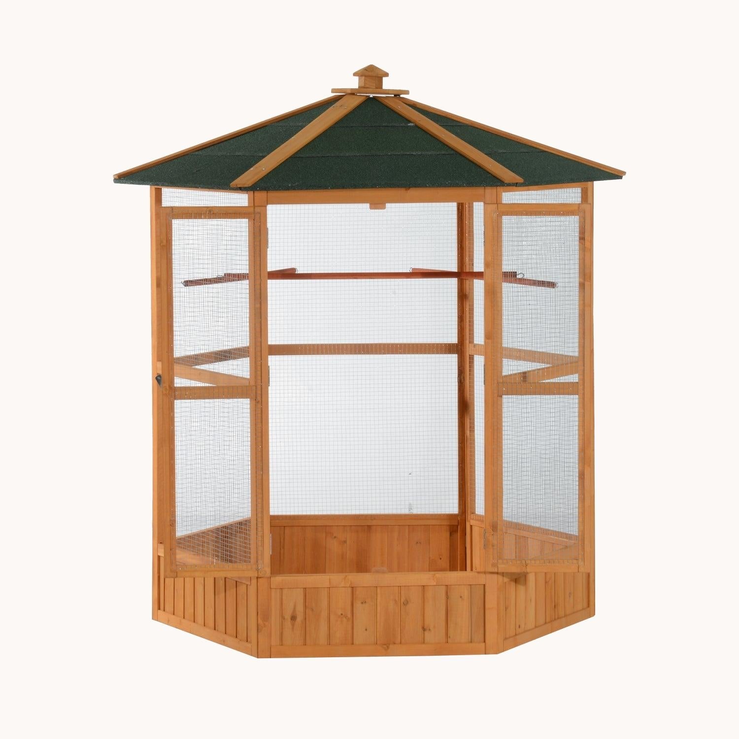 69" Large Wooden Hexagonal Outdoor Aviary Flight Bird Cage With Covered Roof, Brown