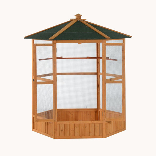 69" Large Wooden Hexagonal Outdoor Aviary Flight Bird Cage With Covered Roof, Brown
