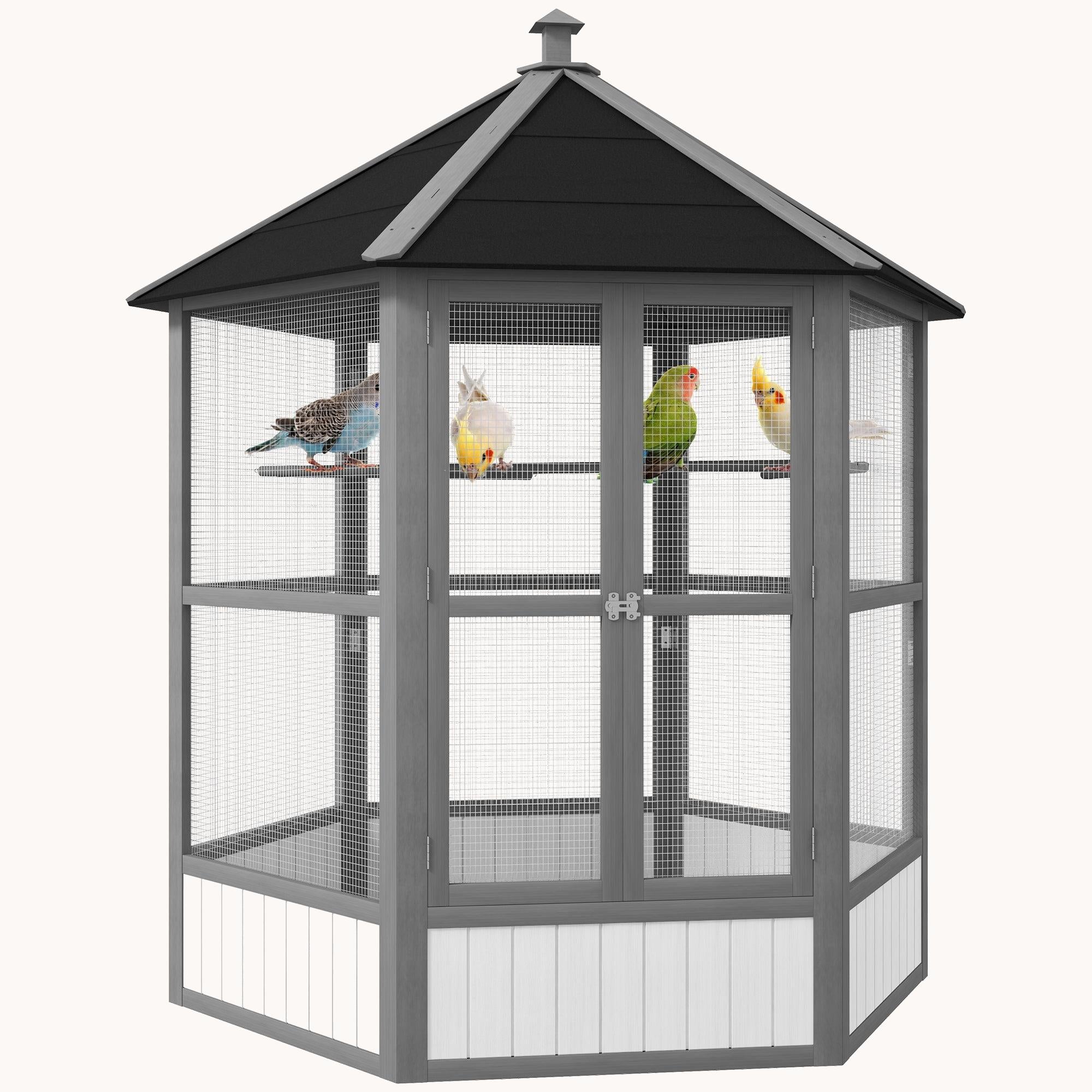 69" Large Wooden Hexagonal Outdoor Aviary Flight Bird Cage With Covered Roof, Light Gray