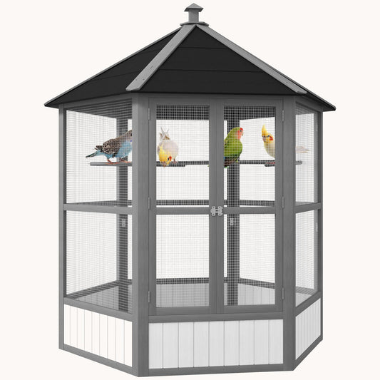 69" Large Wooden Hexagonal Outdoor Aviary Flight Bird Cage With Covered Roof, Light Gray