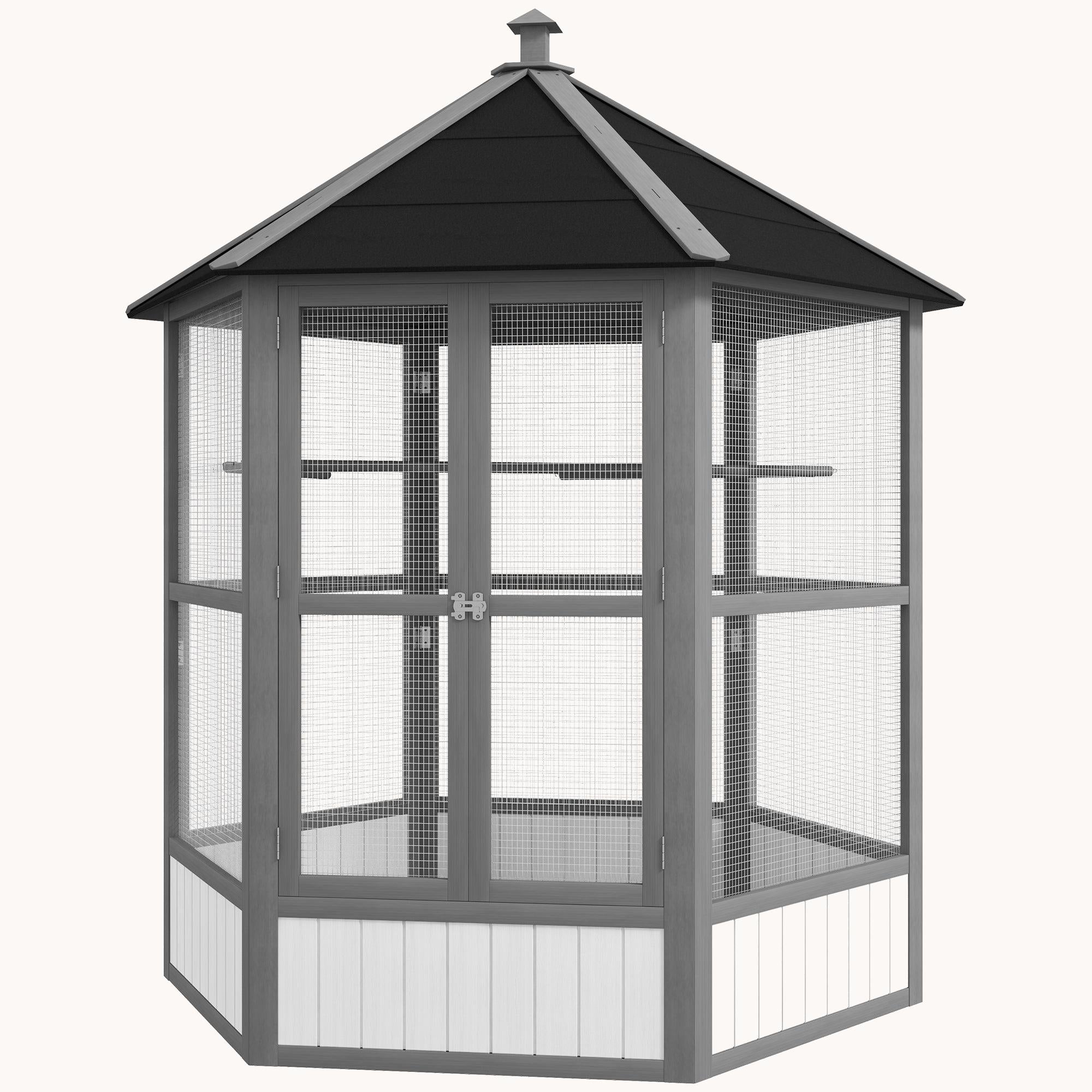 69" Large Wooden Hexagonal Outdoor Aviary Flight Bird Cage With Covered Roof, Light Gray