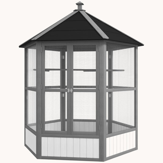 69" Large Wooden Hexagonal Outdoor Aviary Flight Bird Cage With Covered Roof, Light Gray