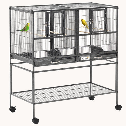 Divided Rolling Birdhouse Cage with Easy Clean Trays & Storage