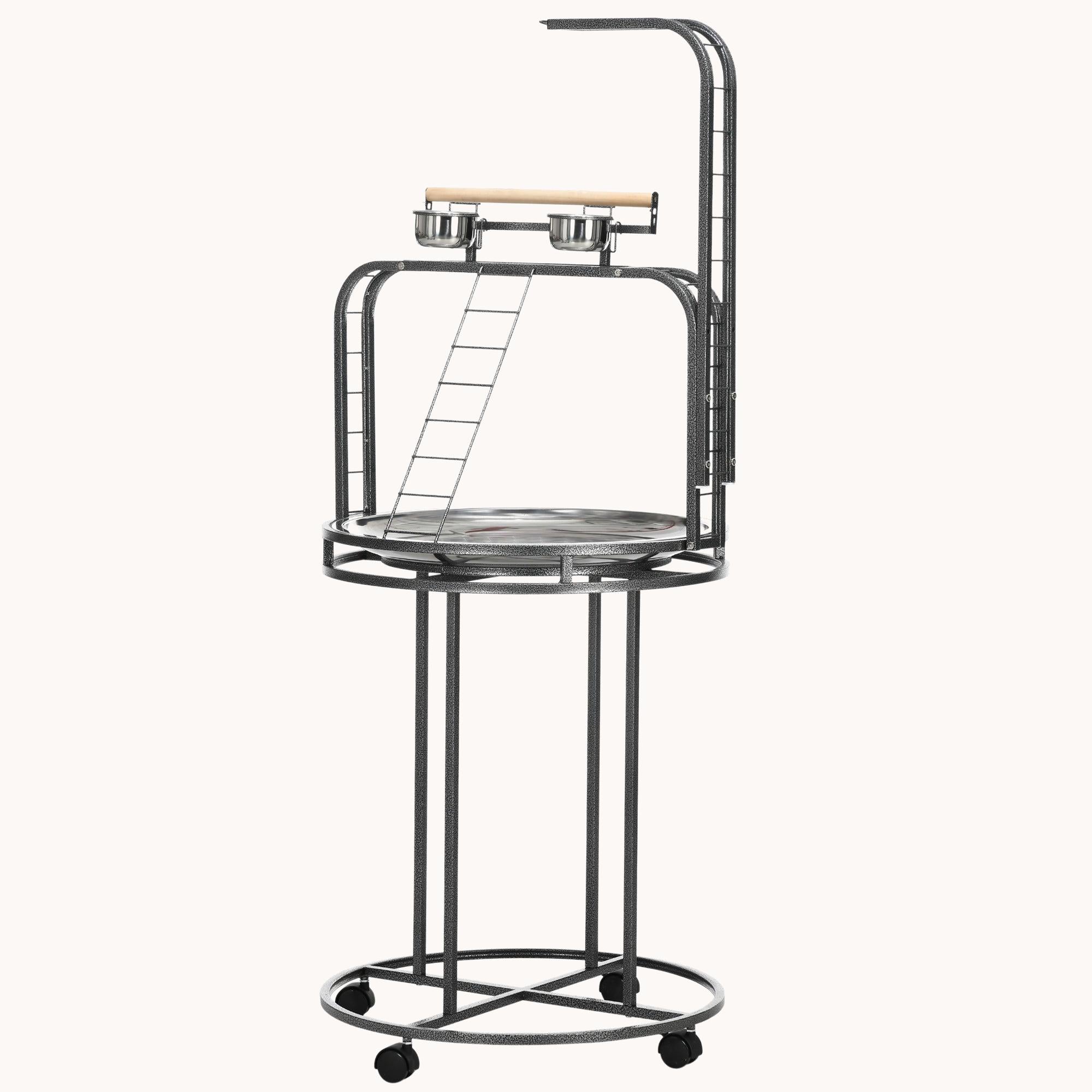 Parrot Stand Large Bird Perch Stand with Toy Hook & 3 Ladders, Parrot Perch with Easy Grip, Bird Wooden Stand, Gray