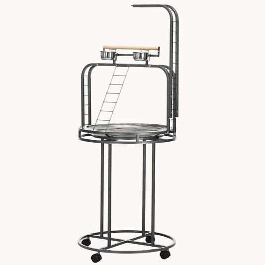 Parrot Stand Large Bird Perch Stand with Toy Hook & 3 Ladders, Parrot Perch with Easy Grip, Bird Wooden Stand, Gray