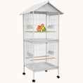 Load image into Gallery viewer, Wrought Metal Bird Cage Feeder with Rolling Stand Perches Food Containers Doors Wheels 67" H, White
