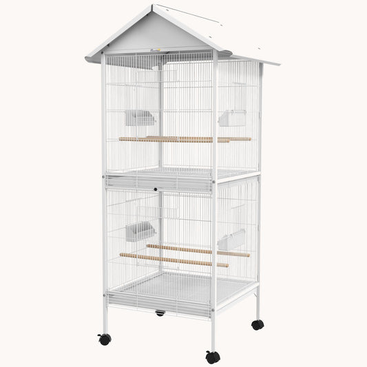 Wrought Metal Bird Cage Feeder with Rolling Stand Perches Food Containers Doors Wheels 67" H, White