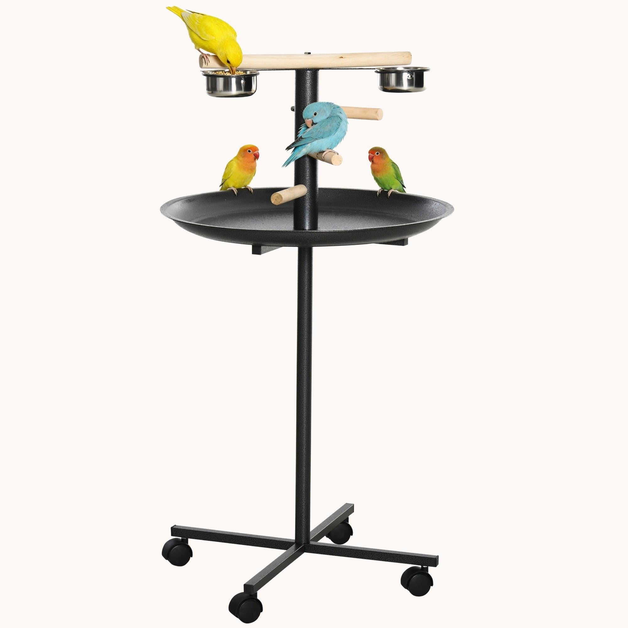 Mobile Parrot Play Stand with Mess-Free Tray & Wood Perches Grey