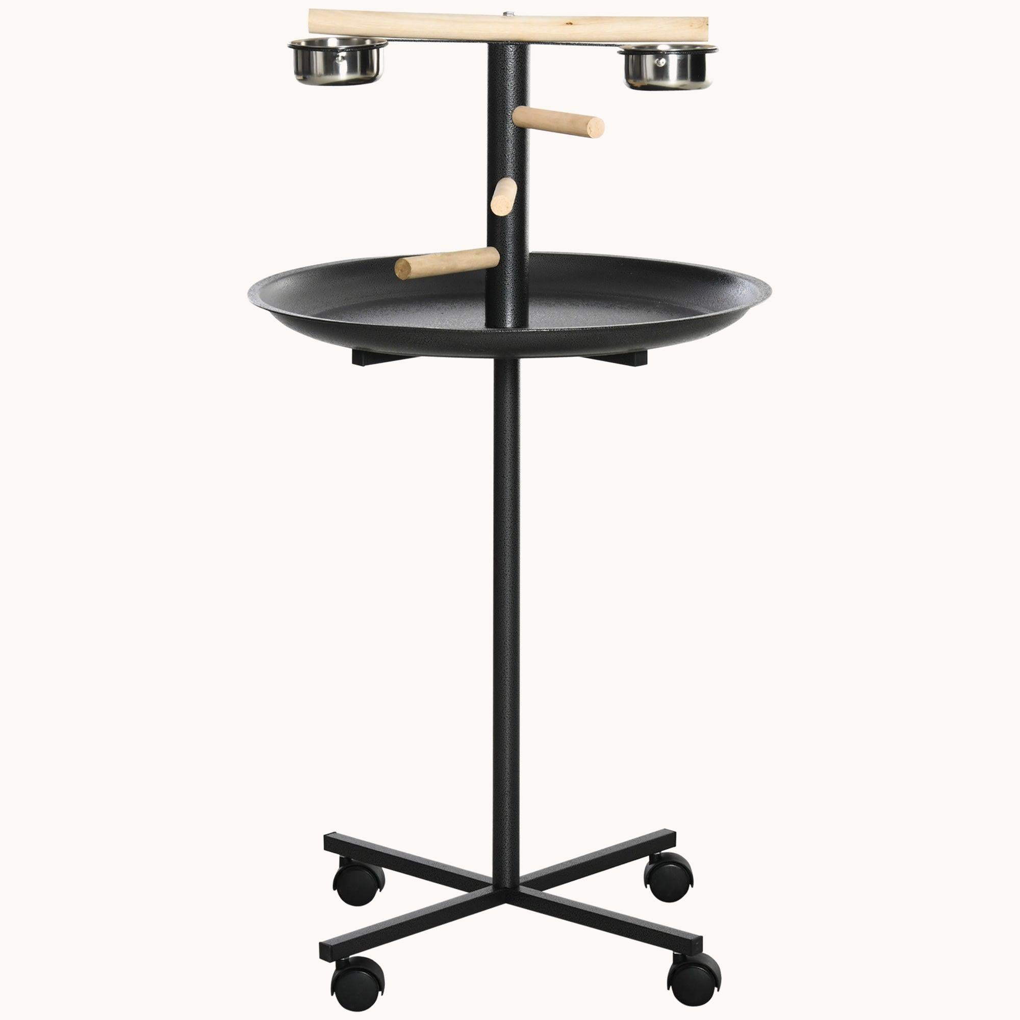 Mobile Parrot Play Stand with Mess-Free Tray & Wood Perches Grey