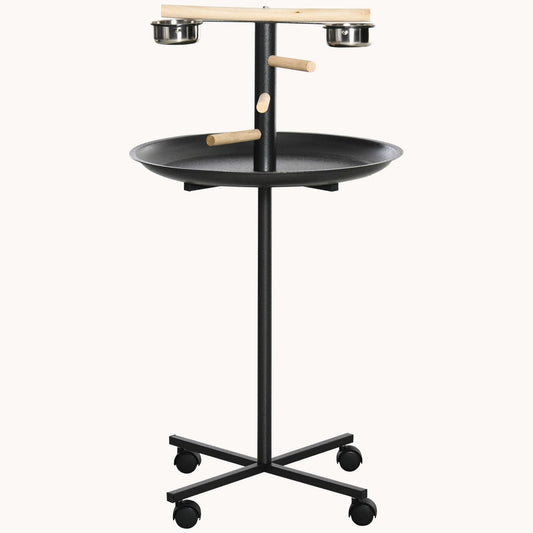 Mobile Parrot Play Stand with Mess-Free Tray & Wood Perches Grey