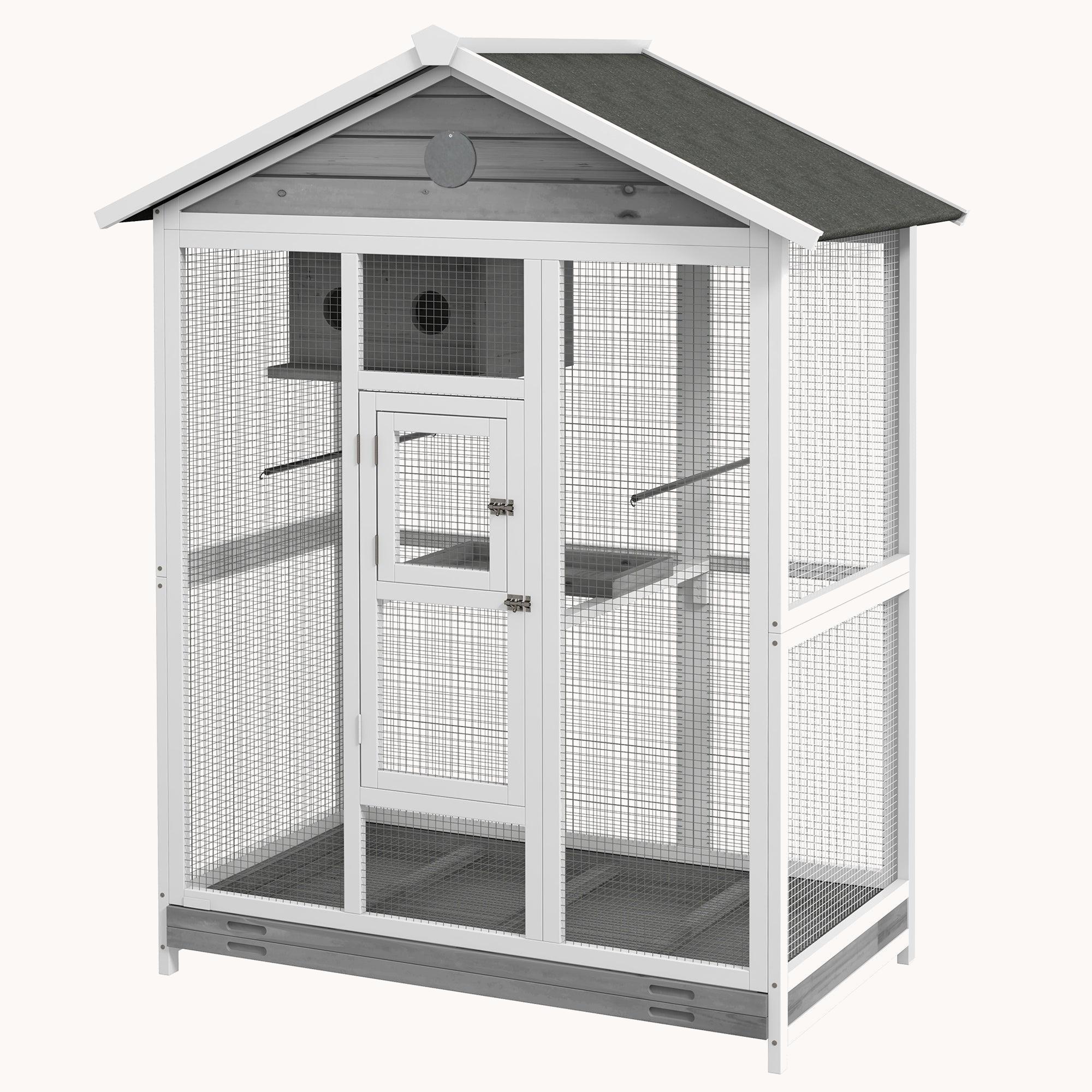 64.5" Wooden Bird Cage Aviary, Flight Cage with 4 Perches, Nest and Slide-Out Tray for Indoor/Outdoor, Gray