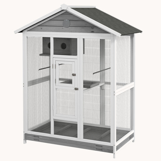 64.5" Wooden Bird Cage Aviary, Flight Cage with 4 Perches, Nest and Slide-Out Tray for Indoor/Outdoor, Gray