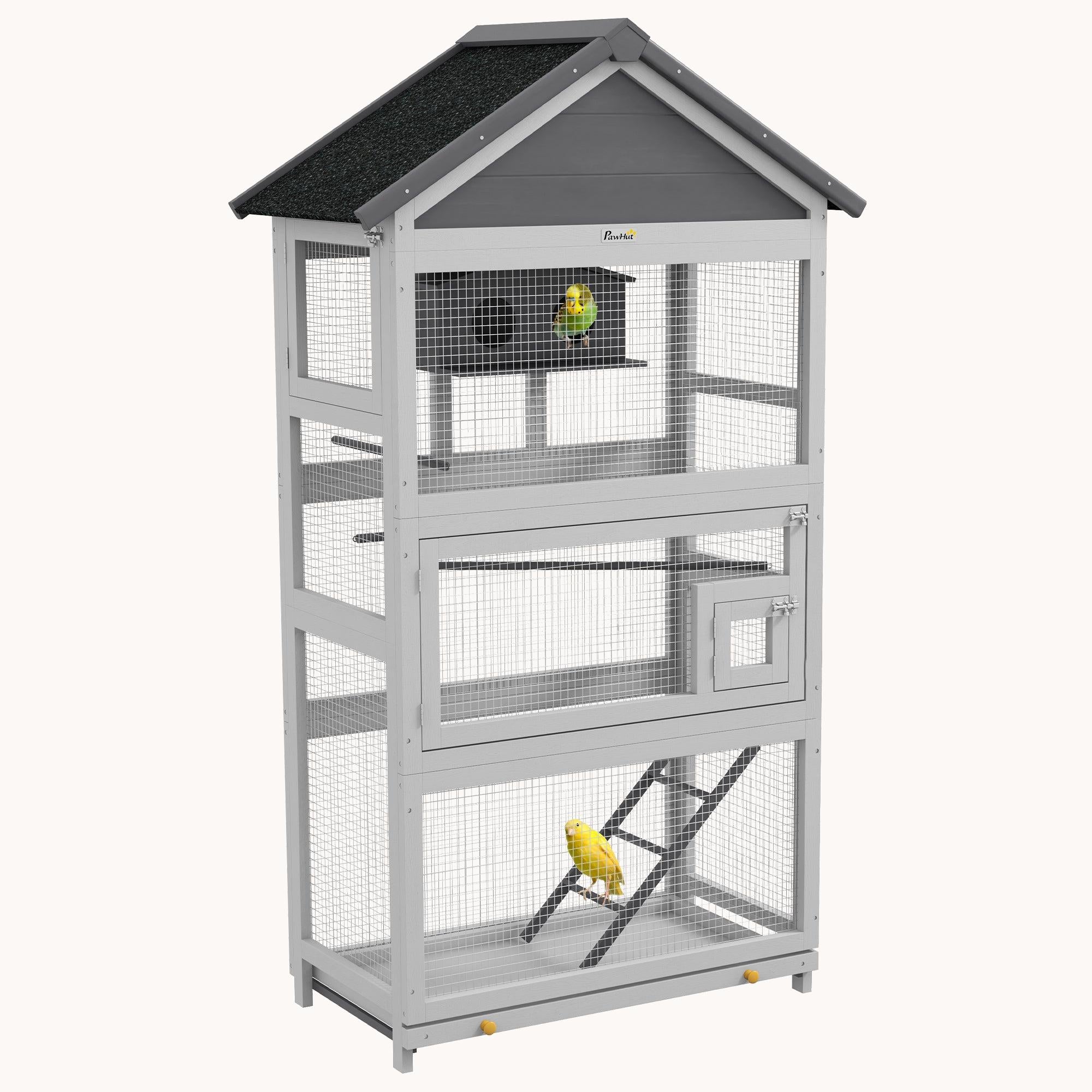 Wooden Bird Aviary, 67" Outdoor Bird Cage with Slide-Out Tray, Three Doors, Birdhouse, Ladder, Perches for Finches, Parakeets, Gray