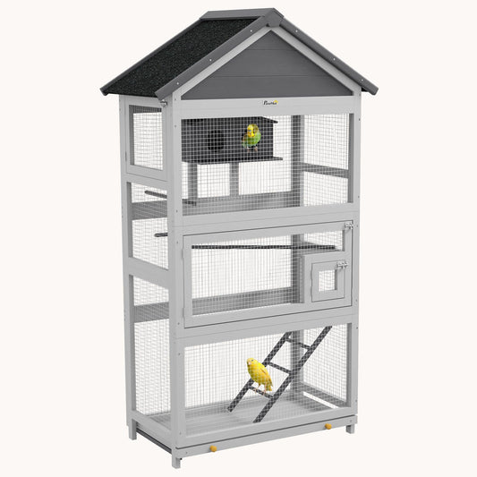 Wooden Bird Aviary, 67" Outdoor Bird Cage with Slide-Out Tray, Three Doors, Birdhouse, Ladder, Perches for Finches, Parakeets, Gray