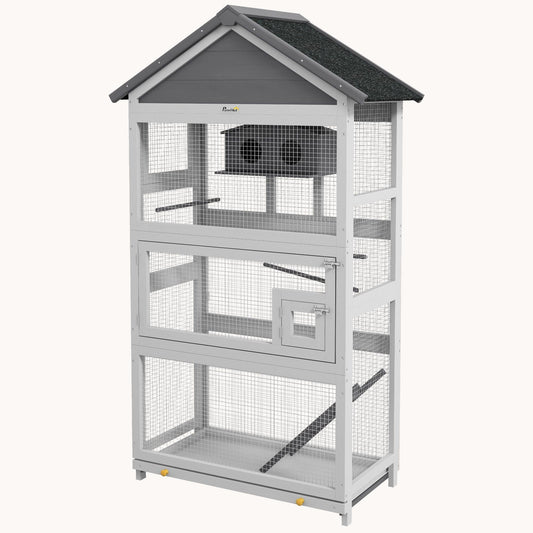 Wooden Bird Aviary, 67" Outdoor Bird Cage with Slide-Out Tray, Three Doors, Birdhouse, Ladder, Perches for Finches, Parakeets, Gray