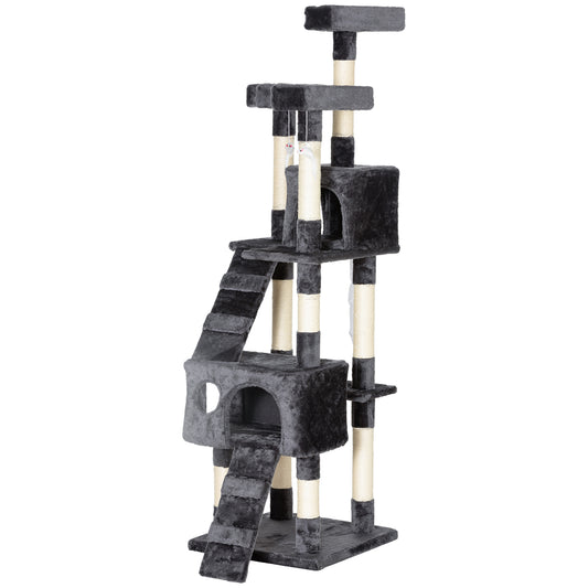 68 inches Cat Tree, Multi-Level Large Cat Tower Condo with Scratching Posts, Perches, Cat Houses, Dangling Toy, Grey