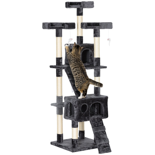 68 inches Cat Tree, Multi-Level Large Cat Tower Condo with Scratching Posts, Perches, Cat Houses, Dangling Toy, Grey