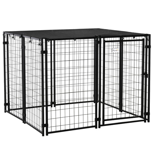 Outdoor Dog Kennel Run, Large Wire Steel Puppy Fence, Lockable Pet Playpen Crate Enclosure, with Top Cover, Door, Black