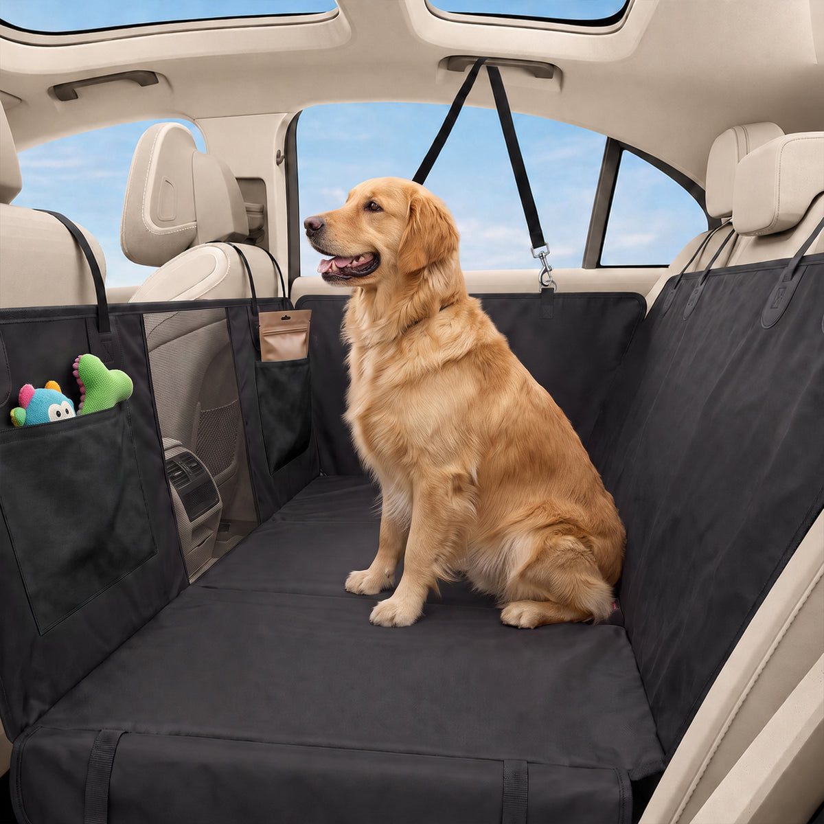 Dog Car Seat Cover for Back Seat, Hard Bottom Back Seat Extender, Waterproof Dog Hammock for Car & SUV with Non-Slip & Scratch-Resistant Surface, Mesh Window and Pockets, 58"L, Black