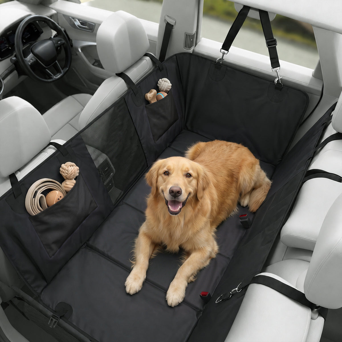 Dog Car Seat Cover for Back Seat, Hard Bottom Back Seat Extender, Waterproof Dog Hammock for Car & SUV with Non-Slip & Scratch-Resistant Surface, Mesh Window and Pockets, 58"L, Black