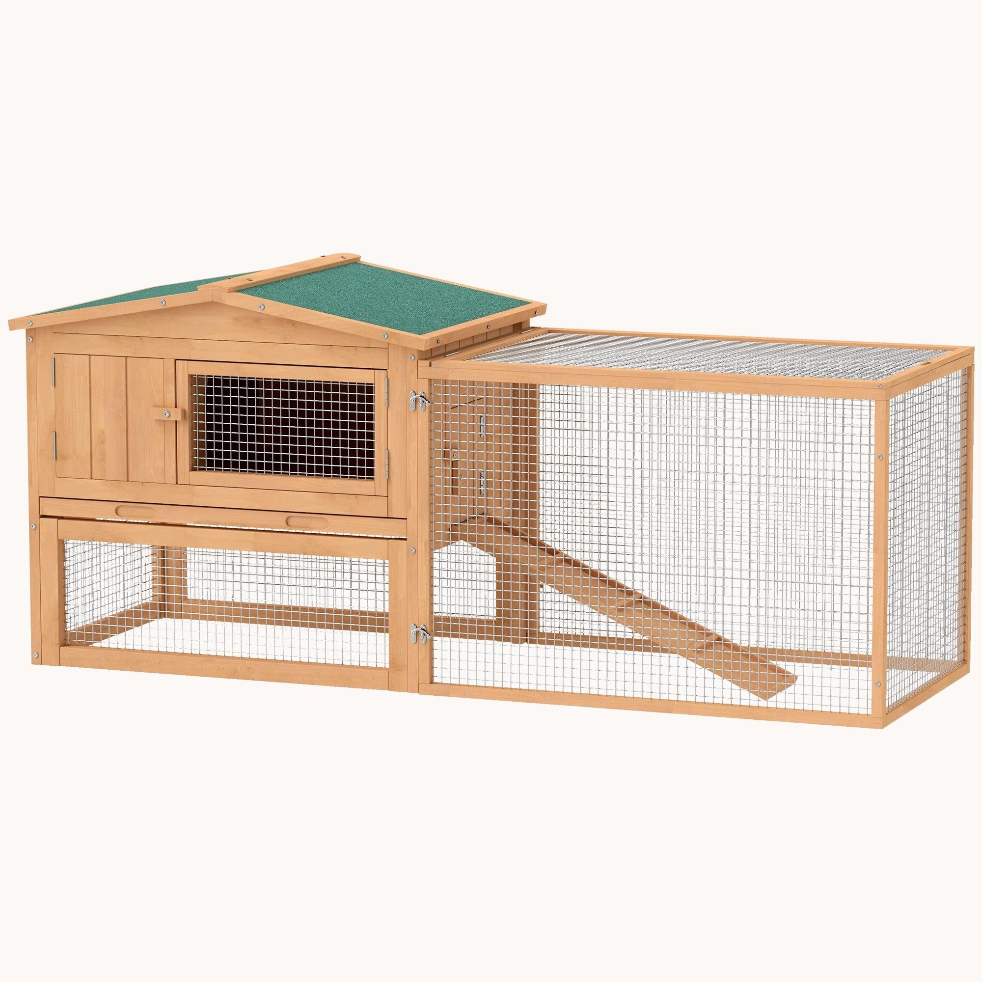 2-Story Rabbit Hutch with Slide-Out Tray & Detachable Run, 61.5"x23"x27", Natural