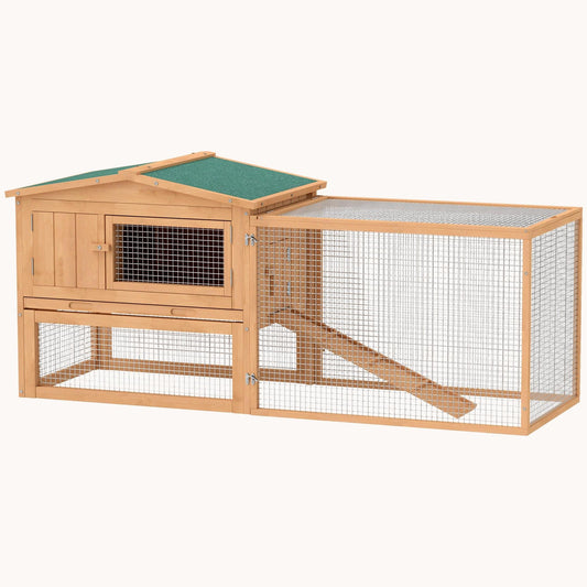 2-Story Rabbit Hutch with Slide-Out Tray & Detachable Run, 61.5"x23"x27", Natural