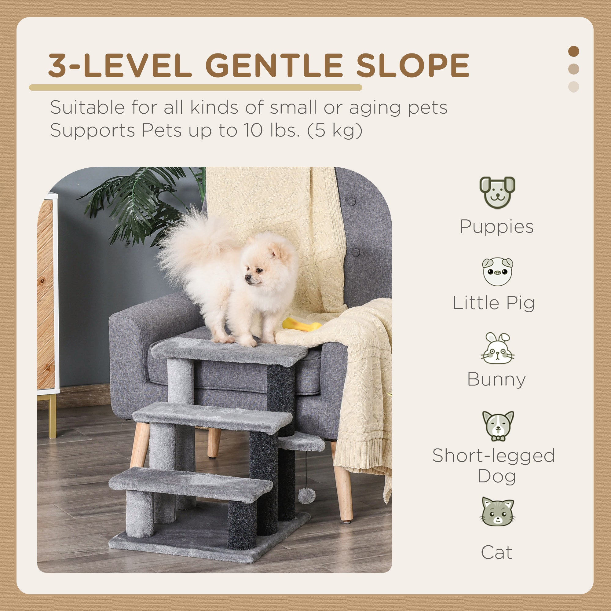 Cat Stairs 3 Steps for Bed, Couch with Scratching Posts, Small Cat Tree for Indoor Cats with Toy Ball, 17.5" x 15.5" x 19", Light Grey