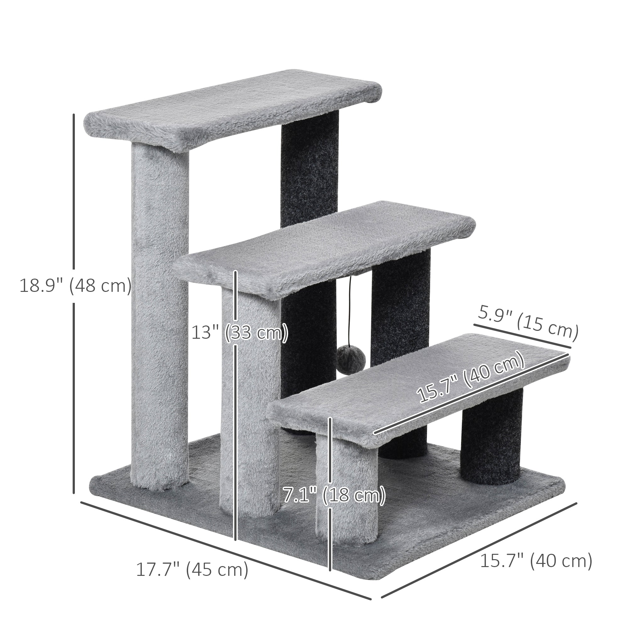 Cat Stairs 3 Steps for Bed, Couch with Scratching Posts, Small Cat Tree for Indoor Cats with Toy Ball, 17.5" x 15.5" x 19", Light Grey