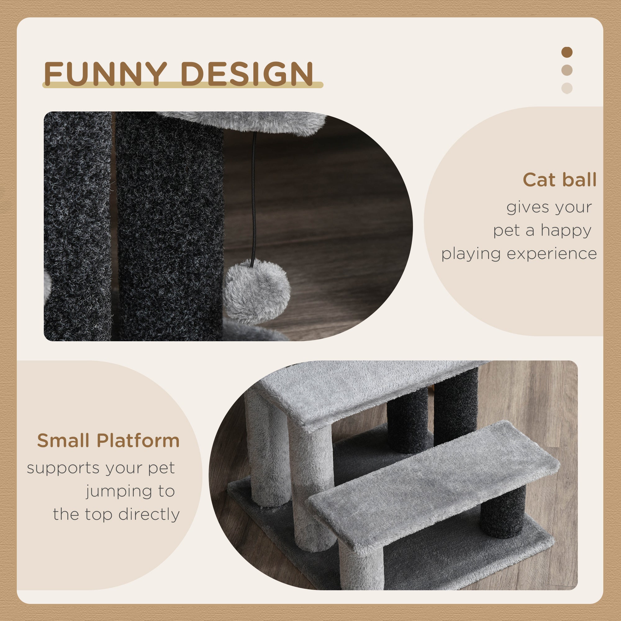 Cat Stairs 3 Steps for Bed, Couch with Scratching Posts, Small Cat Tree for Indoor Cats with Toy Ball, 17.5" x 15.5" x 19", Light Grey