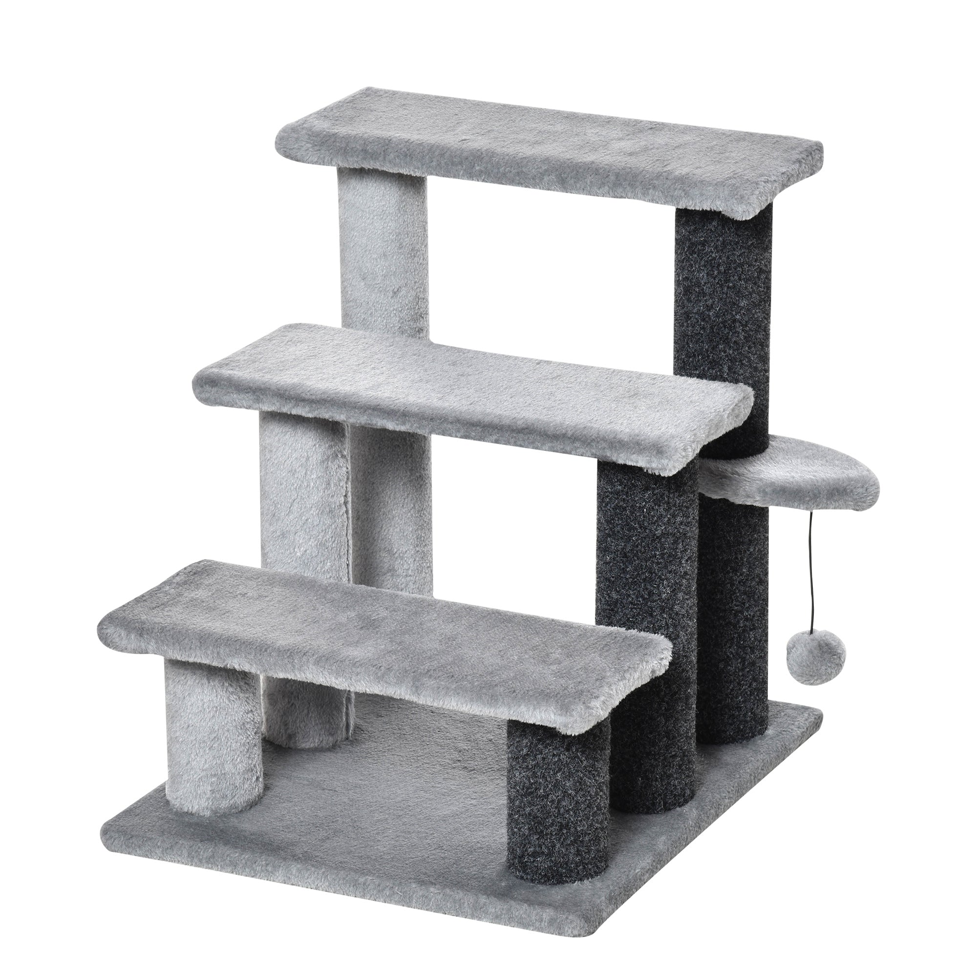 Cat Stairs 3 Steps for Bed, Couch with Scratching Posts, Small Cat Tree for Indoor Cats with Toy Ball, 17.5" x 15.5" x 19", Light Grey