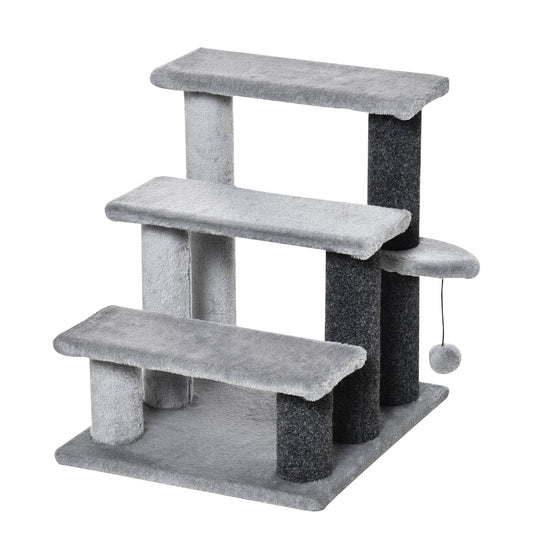 Cat Stairs 3 Steps for Bed, Couch with Scratching Posts, Small Cat Tree for Indoor Cats with Toy Ball, 17.5" x 15.5" x 19", Light Grey
