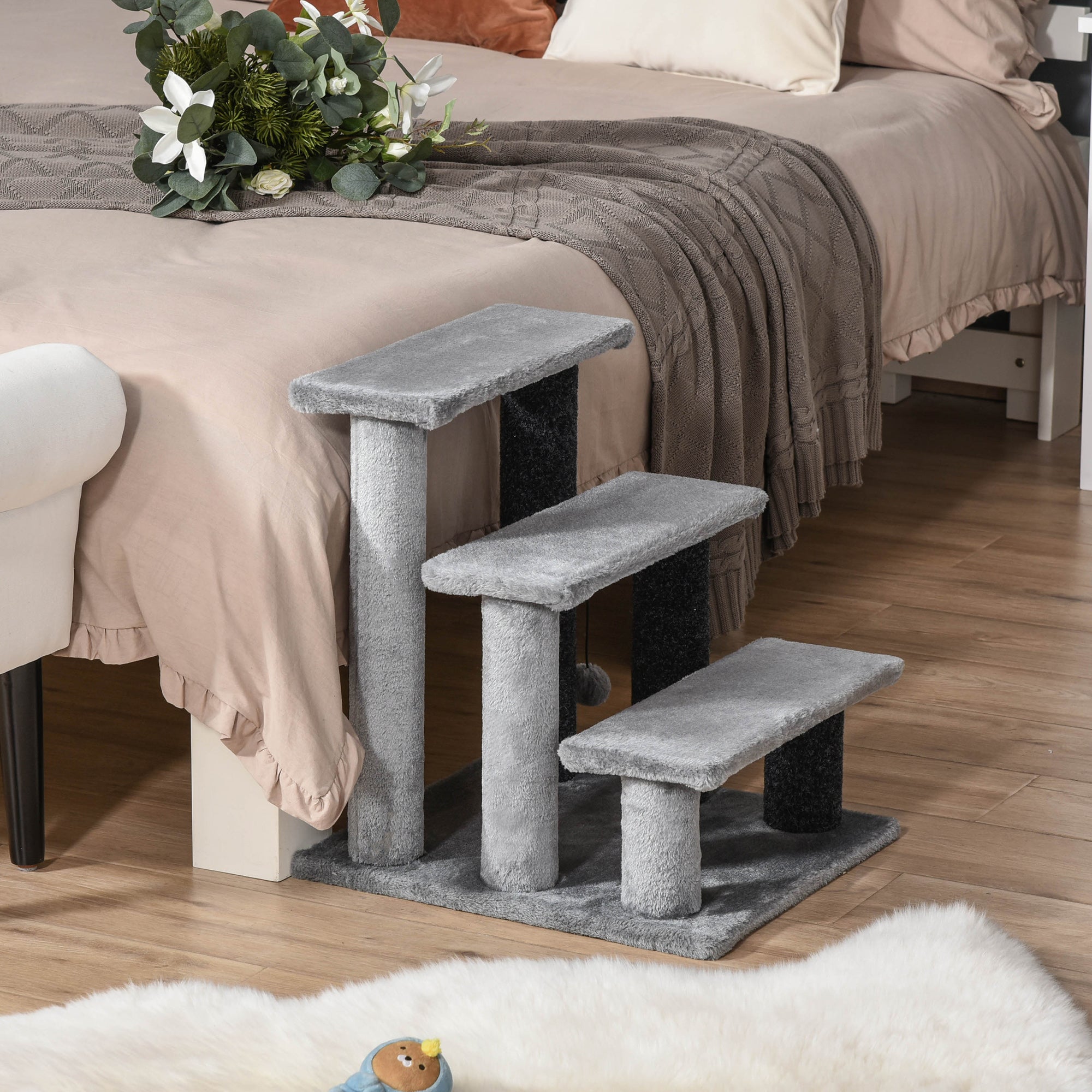 Cat Stairs 3 Steps for Bed, Couch with Scratching Posts, Small Cat Tree for Indoor Cats with Toy Ball, 17.5" x 15.5" x 19", Light Grey