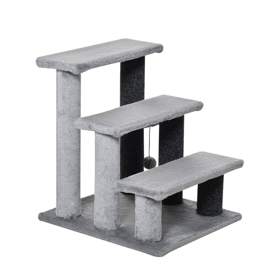 Cat Stairs 3 Steps for Bed, Couch with Scratching Posts, Small Cat Tree for Indoor Cats with Toy Ball, 17.5" x 15.5" x 19", Light Grey