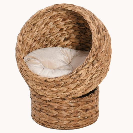 Nestique 23.5” Elevated Wicker Cat Bed with Egg Chair Design Brown