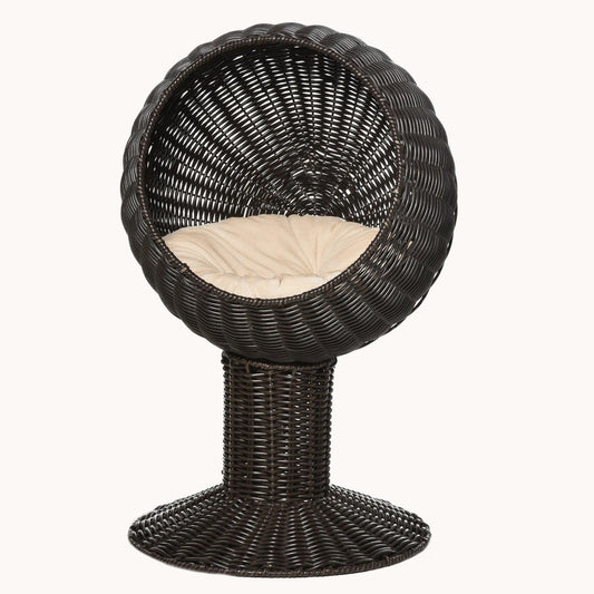 Elevated Rotating Egg Chair Cat Bed with Thick Cushion & Grass Mat, Coffee