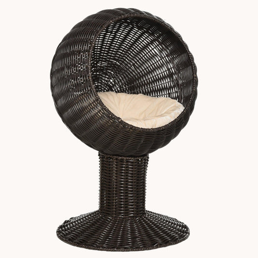 Elevated Rotating Egg Chair Cat Bed with Thick Cushion & Grass Mat, Coffee
