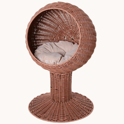 Elevated Rotating Egg Chair Cat Bed with Thick Cushion & Grass Mat, Brown