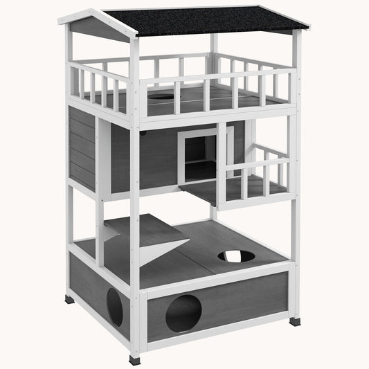 Outdoor & Indoor Fun Cat House with Escape Doors & Jump Platforms Light Gray