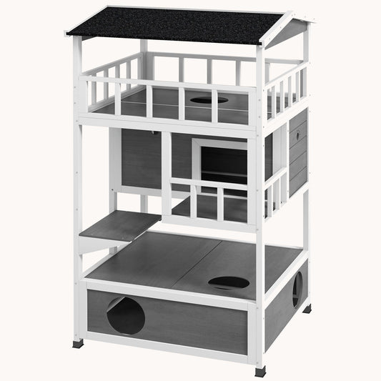 Outdoor & Indoor Fun Cat House with Escape Doors & Jump Platforms Light Gray