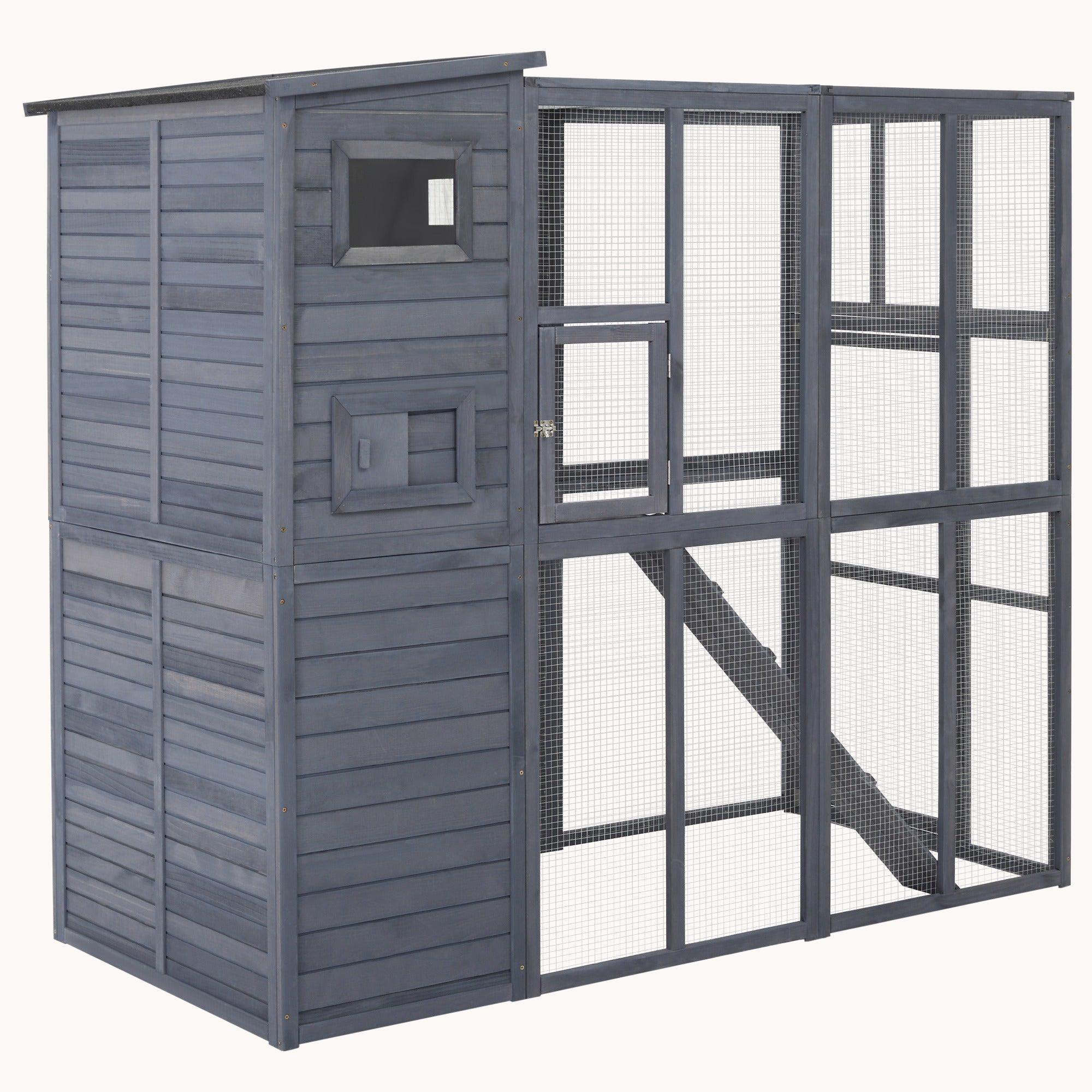 77" Wooden Catio Window Box with Waterproof Roof, Platforms & Ramps, Gray