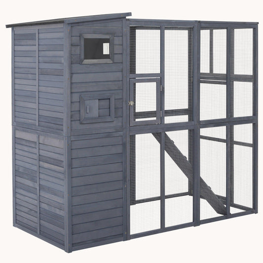 77" Wooden Catio Window Box with Waterproof Roof, Platforms & Ramps, Gray