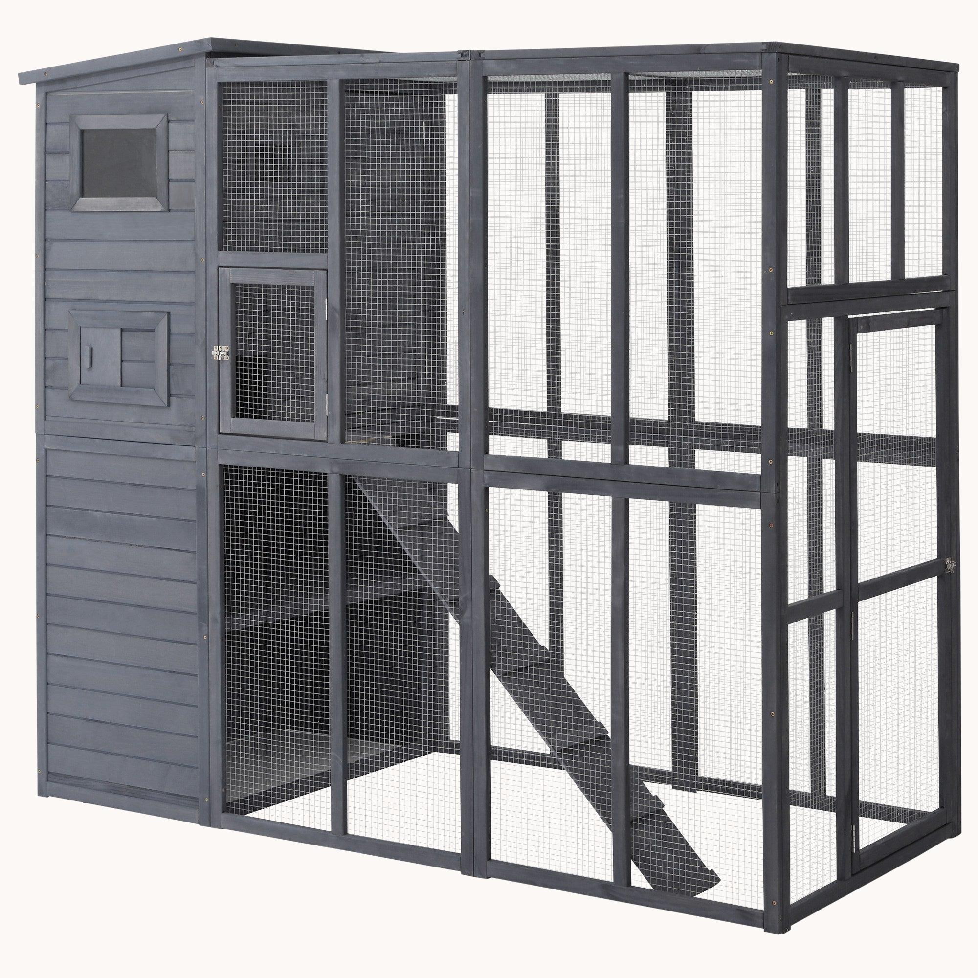 77" Wooden Catio Window Box with Waterproof Roof, Platforms & Ramps, Gray