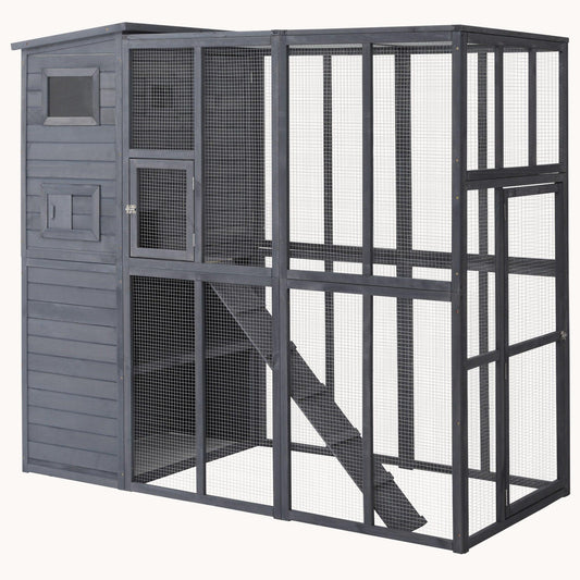 77" Wooden Catio Window Box with Waterproof Roof, Platforms & Ramps, Gray