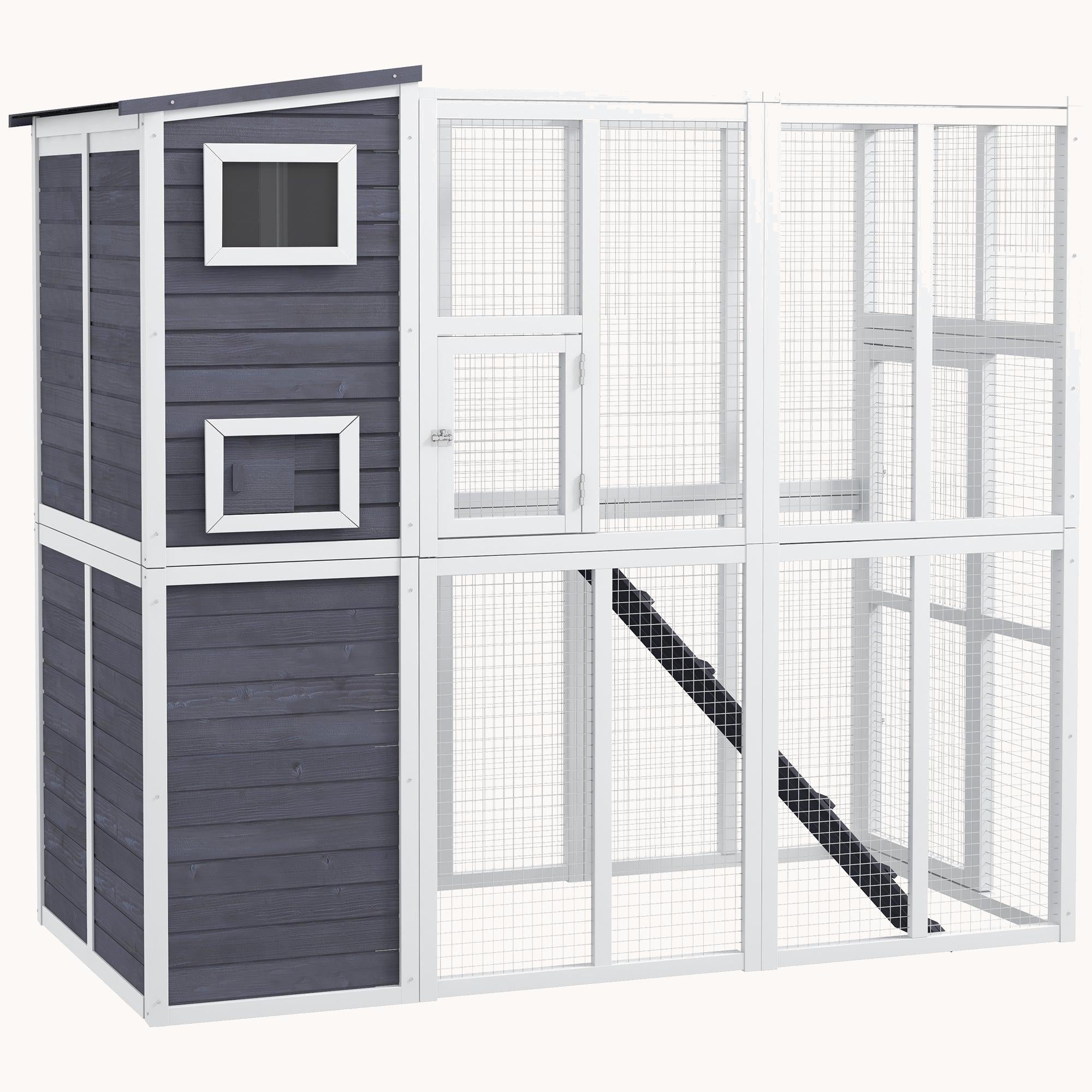 77" Wooden Catio Window Box with Waterproof Roof, Platforms & Ramps, Light Gray